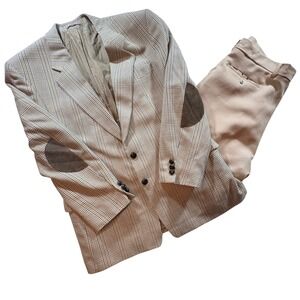 Sandro Plaid Blazer Trousers Suit Mens 52 EU 35W Wool Blend Elbow Patch Academia